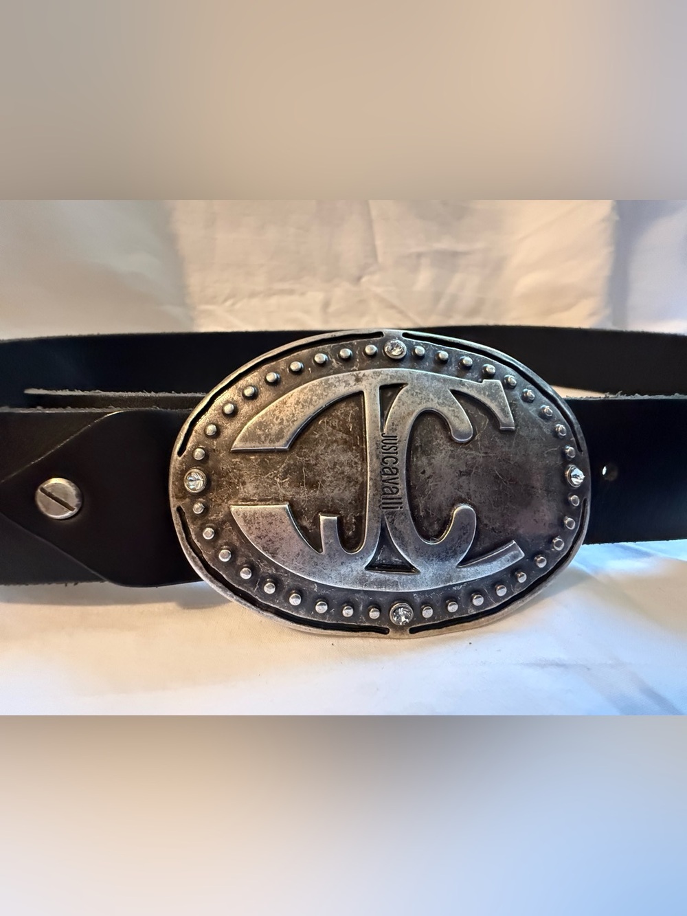 Just Cavalli Antiqued Silver JC Oval Logo Buckle Belt-Made in Italy-Size 105-42